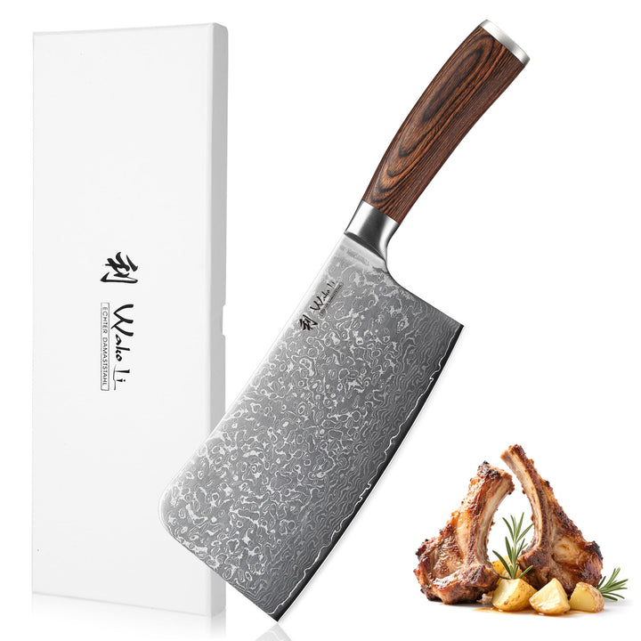 Wakoli EDIB Sakura Knochenhackmesser 18 cm Damast Hackbeil aus 67 Lagen & VG10 Kern, 60–62 HRC Schar
