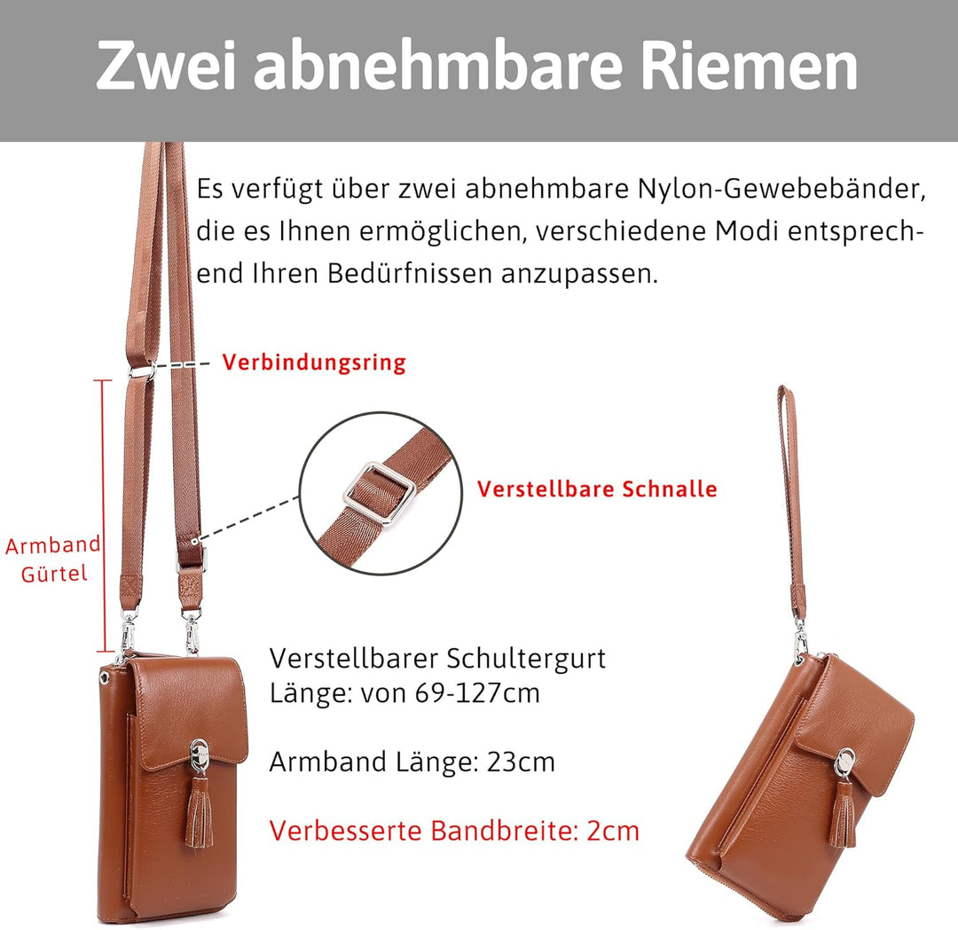 Pearl Angeli Weiches Echtes Leder Handy Umhängetasche - Handytasche Geldbörse Damen RFID Schutz klei