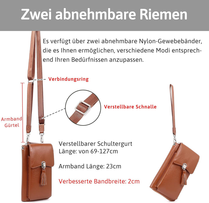 Pearl Angeli Weiches Echtes Leder Handy Umhängetasche - Handytasche Geldbörse Damen RFID Schutz klei