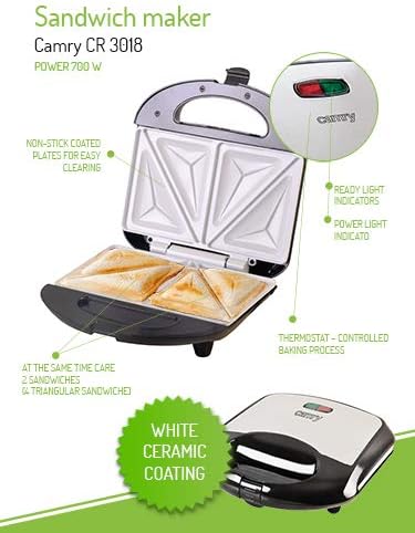 Camry CR 3018 Sandwichmaker, 700, Schwarz/silberfarben, Keramik