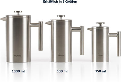 Blumtal French Press Edelstahl 600 ml (3 Tassen) - mit Messskala und Ersatzfilter, umweltfreundlich,