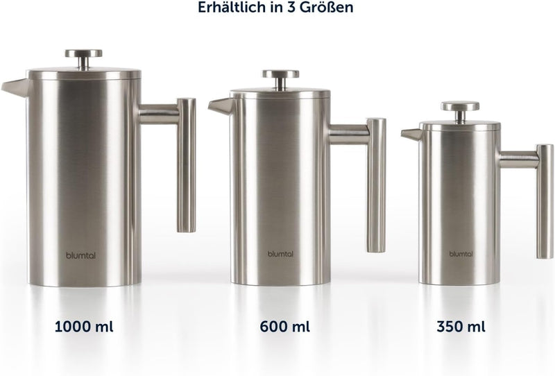 Blumtal French Press Edelstahl 600 ml (3 Tassen) - mit Messskala und Ersatzfilter, umweltfreundlich,