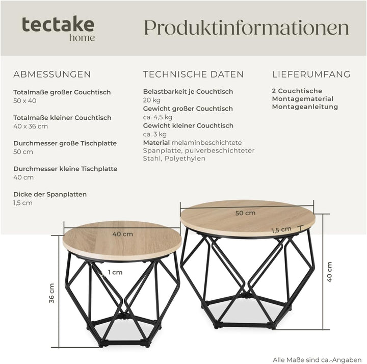 tectake Couchtisch 2er Set, Beistelltisch in Diamantform, Industrie-Design, für Wohnzimmer Schlafzim