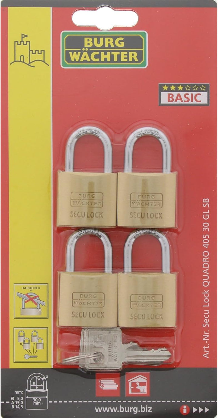 BURG WÄCHTER Vorhangschloss-Set 405 Quadro, 30 mm SB-4, 1 Stück,QUADRO 405 30 GL SB