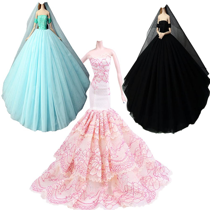 Kleidung und Zubehör für Puppenpuppen, 3 Sets Kleider für Brautkleider mit Schleier Abendrock Abendk