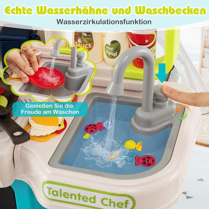 COSTWAY Kinderküche mit 95 Zubehör, Spielküche mit Licht, Sound & Dampf, Kinder Küche mit Kochherd,