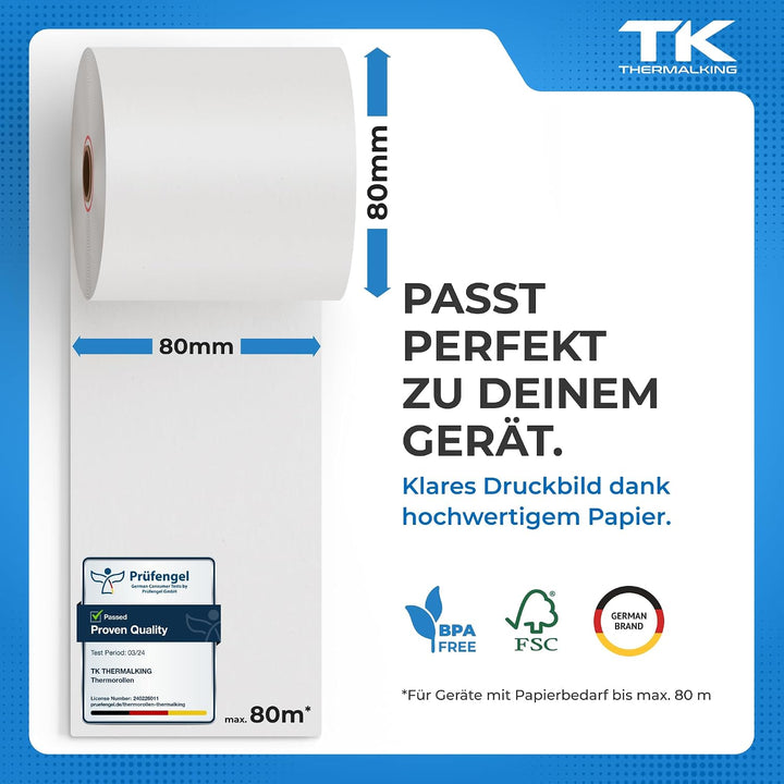 Thermorollen 80mm x 80mm x 12mm – Thermopapier Bonrollen (80 80 12) 48g - zertifiziert für Kassen-Dr