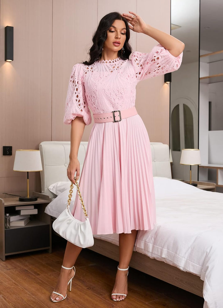 Spitzenkleid, plissiert, Puffärmel, wadenlang, kurze Ärmel, Midi-Kleid, hohles Party-Abendkleid M Ro