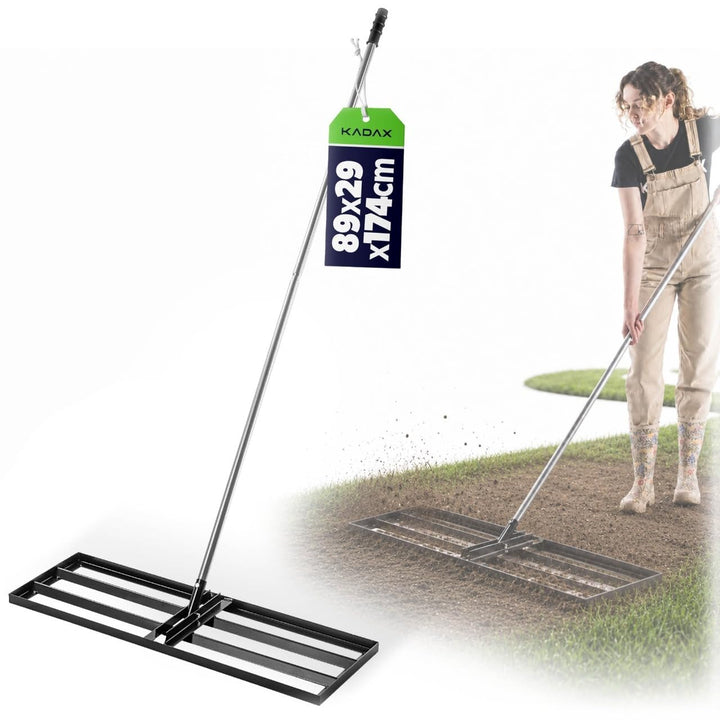 KADAX Rasenrakel 89x29cm mit Stiel, Nivellierrechen für Rasenpflege, Rasenplanierrechen zum Nivellie