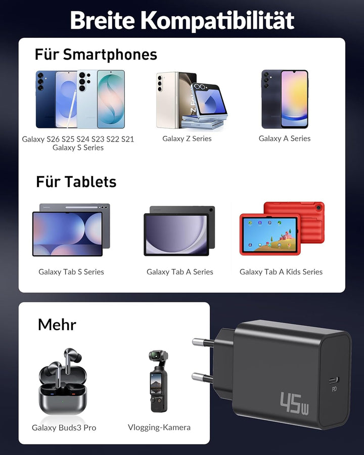 45W Ladegerät USB C Schnellladekabel für Samsung Galaxy S25 Ultra S24 S23 S22 FE 5G A56 A55 A54 A36