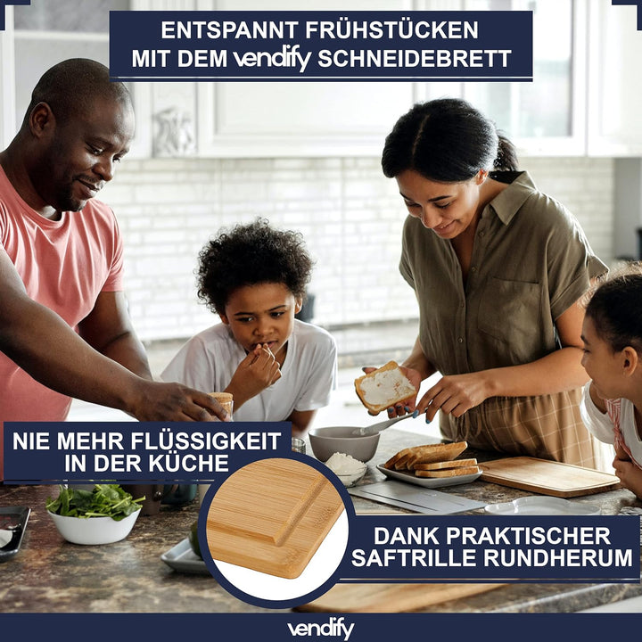 vendify® Bambus Frühstücksbrettchen 3er-Set & 6x Steakmesser - 3x Schneidebrett 28x20 cm - Antibakte