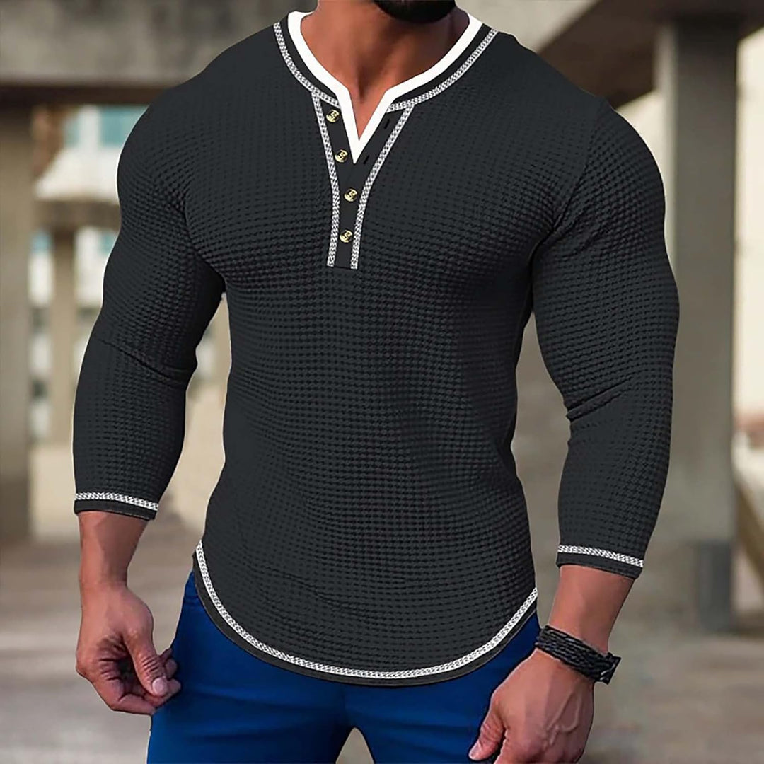 Herrenmode Herbst Casual Langarm Knopf Einfarbig Langarm T-Shirt Top Schicke Herren Schwarz 3XL, Sch