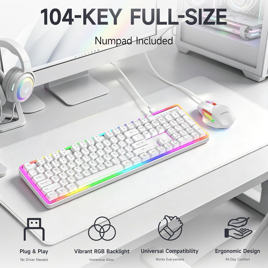 QWERTZ Kabelgebundenes Tastatur Maus Set, USB Full-Size Tastatur mit RGB LED Beleuchtung, leise Memb