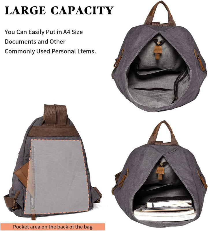 Retro Segeltuch Rucksack Canvas Vintage Rucksäcke Echtleder Daypack Reisetasche Schulterrucksack für