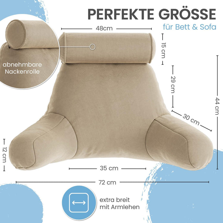 ELONEO Rückenkissen, Lesekissen für Bett und Sofa mit Armlehnen und Abnehmbarer Nackenrolle – Ideal