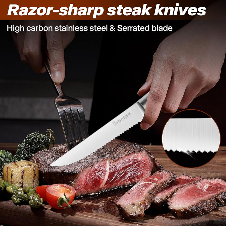 isheTao Steakmesser-Set, 6-teilig, Extra Scharfe Klinge, Wellenschliff, spülmaschinengeeignet, 12 cm
