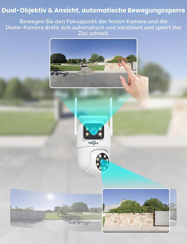 Hiseeu [Dual-Objektiv 3MP Überwachungskamera Aussen WLAN,2,4G/5G Dual-Ansicht PTZ WiFi Kamera Outdoo