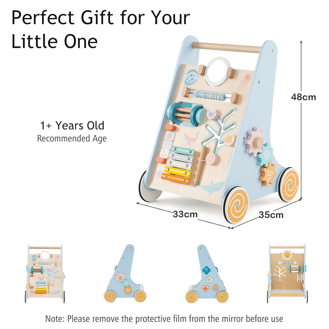 LIFEZEAL Lauflernwagen Holz, Gehhilfe Kinder mit 4 Rädern und 1 Spiegel, Lauflernhilfe mit Stauraum,