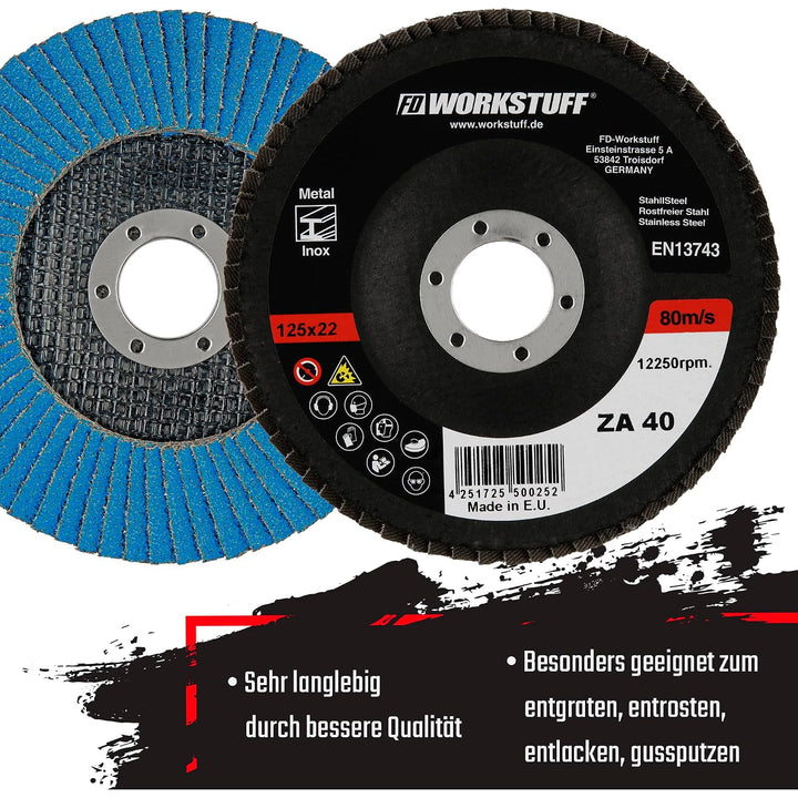 Profi-Fächerscheiben │ blau │ 20 Stück │ Ø 125 mm │ Mixpack (je 5 x Korn 40/60/80/120) │ Inox │Schle