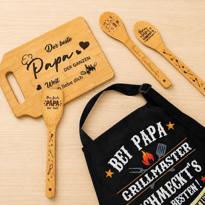 Defresit Papa Geschenk Set 5-in-1 – Lustige Grillschürze, Bambus Schneidebrett & 3 Holz Kochlöffel –