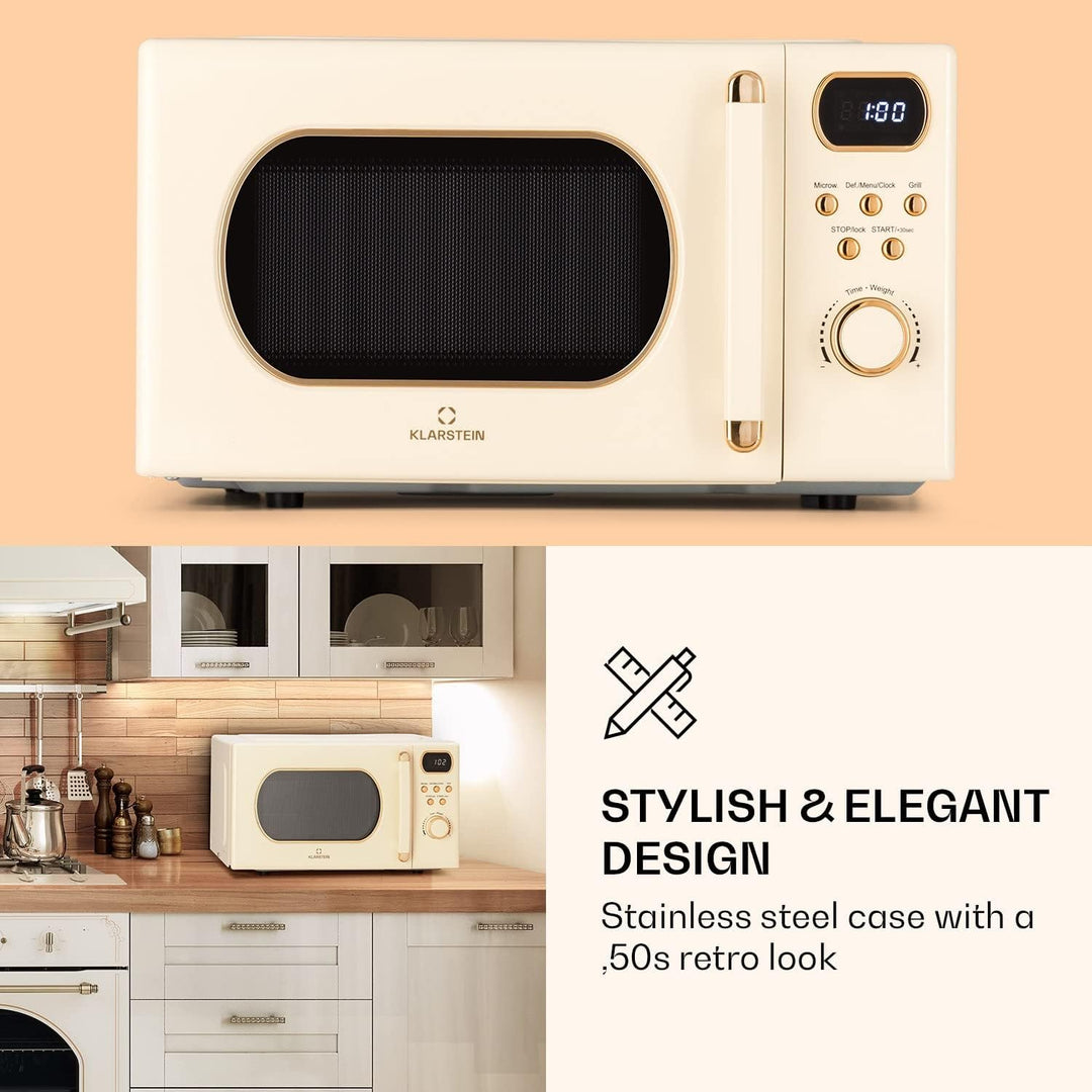 Klarstein Mikrowelle mit Grill, 800 Watt Mikrowelle Klein, 3-in-1Edelstahl-Mikrowelle Creme, Kleine