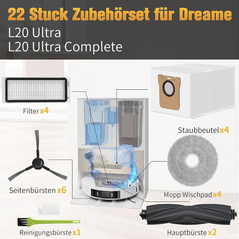 RUKHOOL Zubehör für Dreame L20 Ultra Complete / L20 Ultra Ersatzteile Zubehörset mit 2 Hauptbürste,