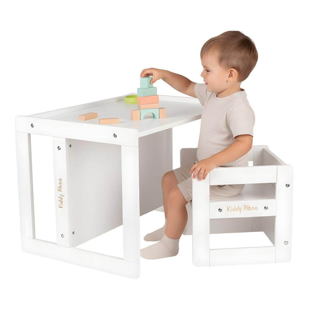 KiddyMoon Kindertisch Mit Stuhl 2-In-1 Runde Kanten Kindermöbel Leicht Zu Reinigen, Weiss Kindertisc