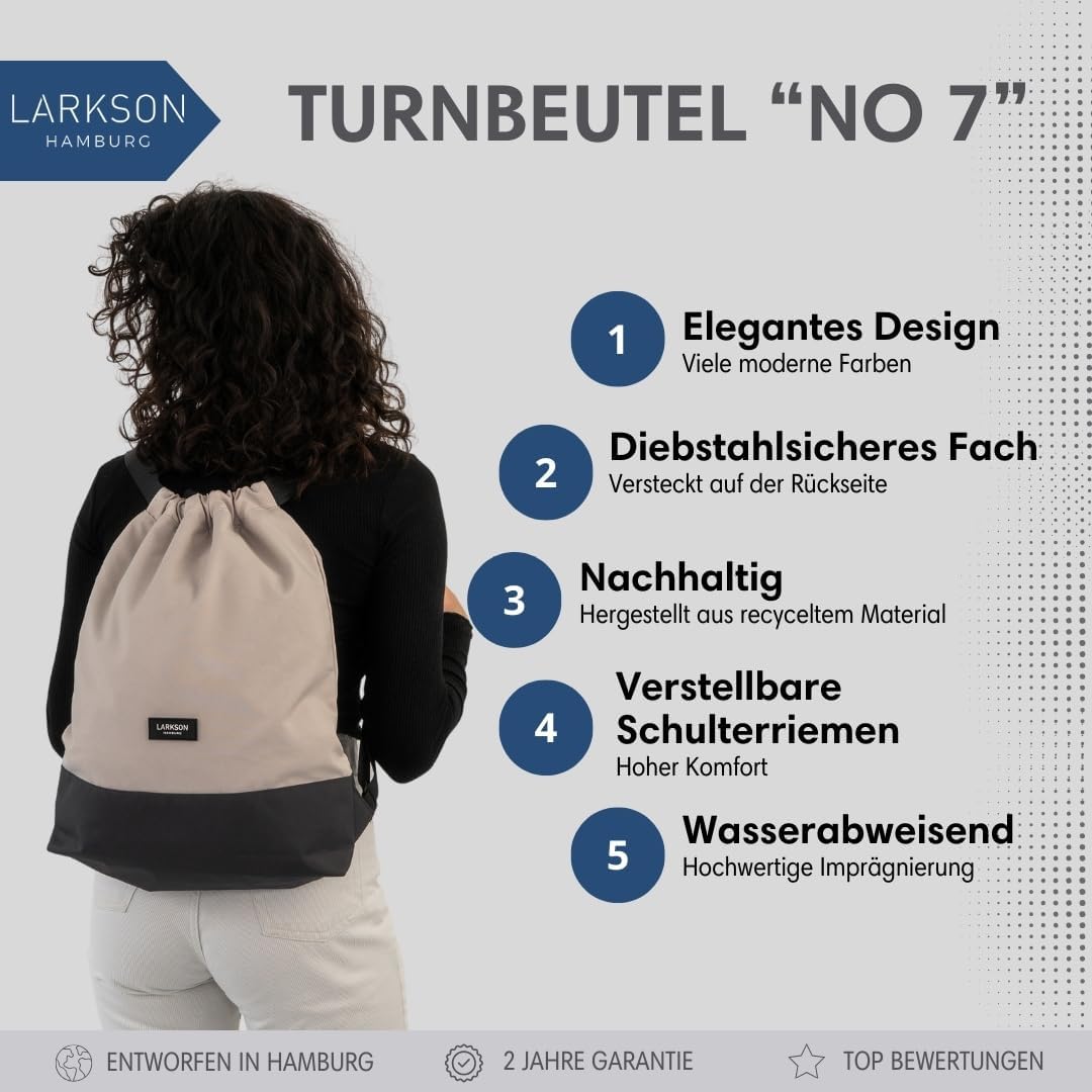 LARKSON Turnbeutel Damen &amp; Herren Sand Grau - No 7 - Rucksack Damen für Sport und Festival - Beutel