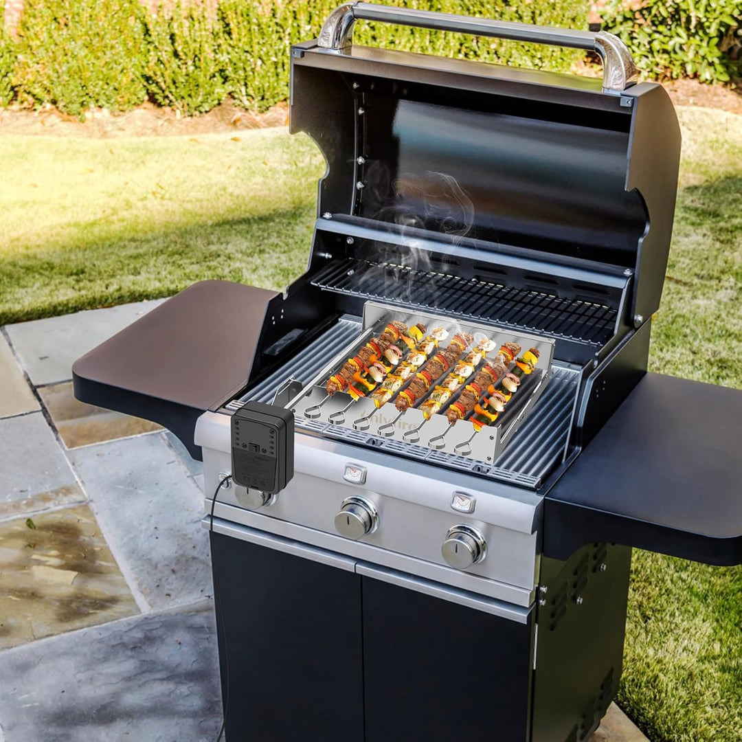 Onlyfire Elektrischer Spiessdreher, Edelstahl Drehspiess Aufsatz mit 7 Spiessen und Motor, Grössenve