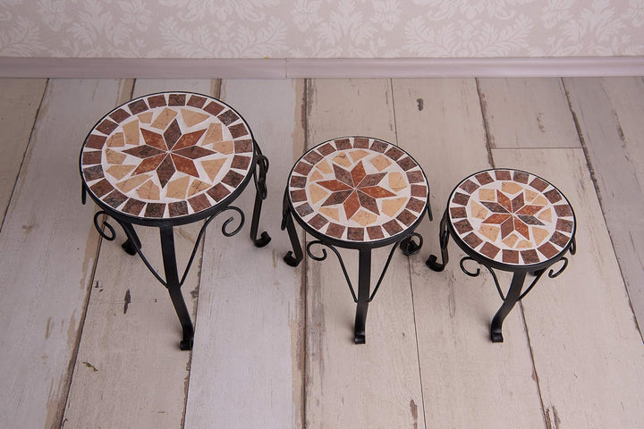 dszapaci Blumenhocker 3er Set Mosaik rund Garten Blumenständer Metall Terrasse Pflanzenständer Keram
