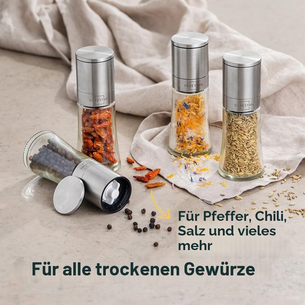 SILBERTHAL Gewürzmühlen 4er Set - verstellbares Keramikmahlwerk - Aromadicht - Salz- &amp; Pfeffermühlen