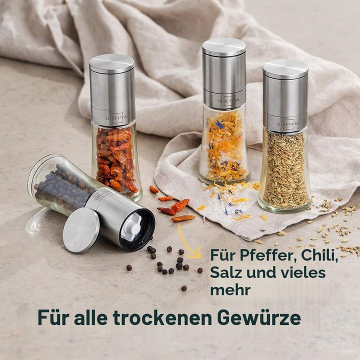 SILBERTHAL Gewürzmühlen 4er Set - verstellbares Keramikmahlwerk - Aromadicht - Salz- &amp; Pfeffermühlen