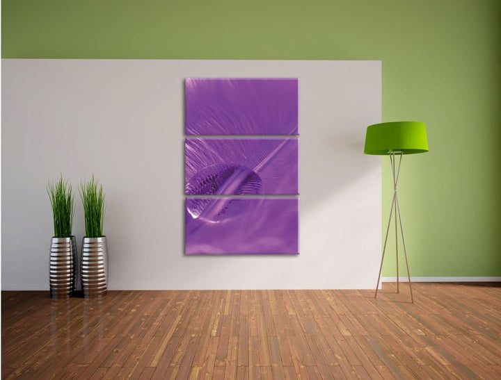 Pixxprint Wassertropfen auf Feder 3-Teiler Leinwandbild 120x80 Bild auf Leinwand