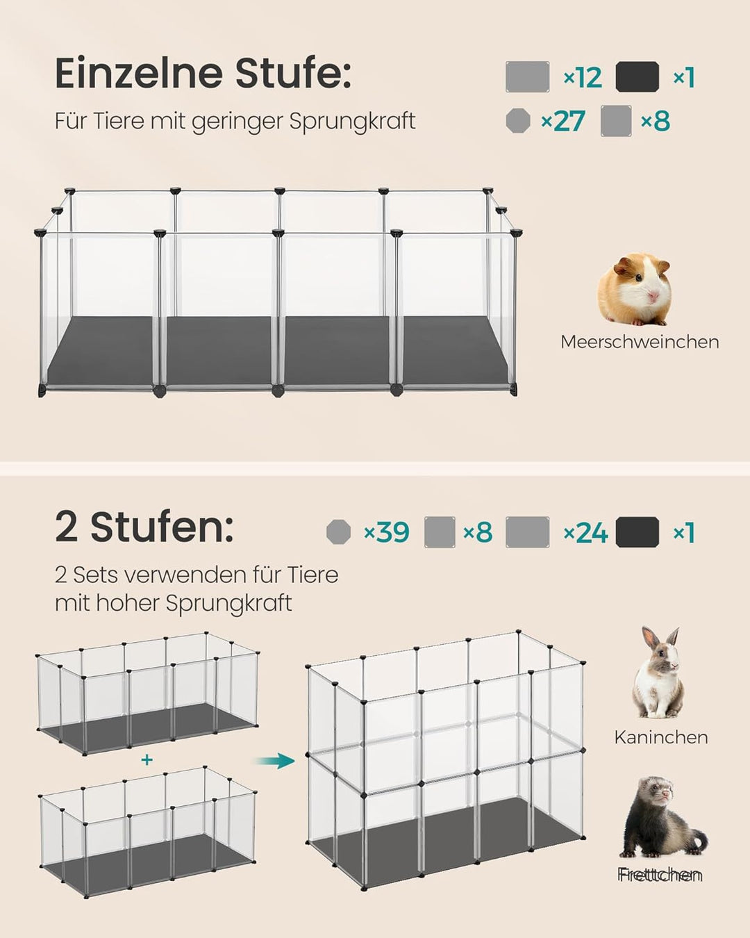 SONGMICS Kleintiergehege mit Bodenplatten, Laufstall mit Abnehmbarer und wasserfester Unterlage, Geh