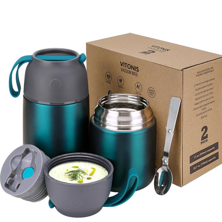 Thermobehälter für Essen 500ml & 700ml Edelstahl Warmhaltebebehälter mit faltbaren Löffel, Speissen,