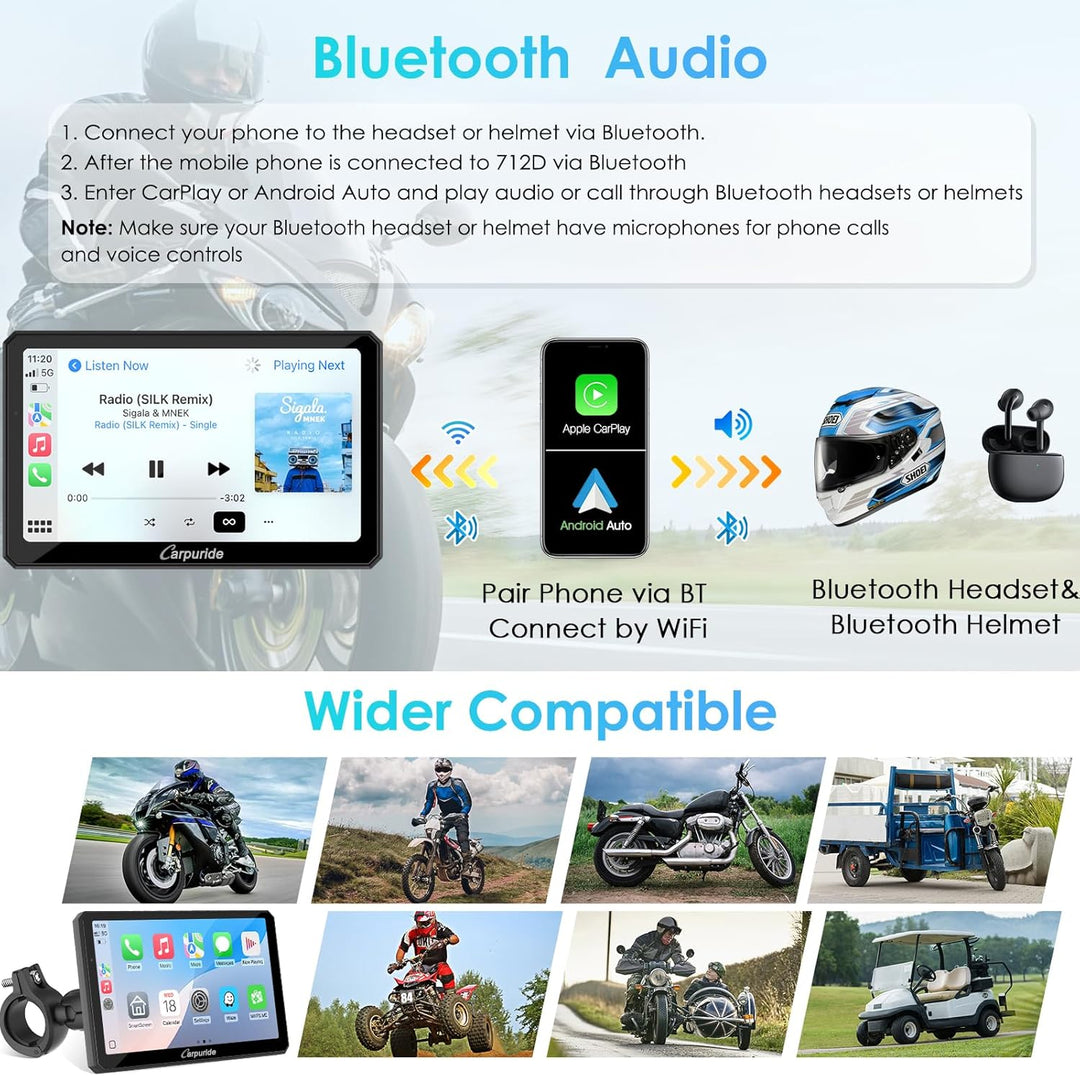 Carpuride W712D Motorrad Carplay Bildschirm mit 1080P Doppelkameras, Kabellos CarPlay und Android Au