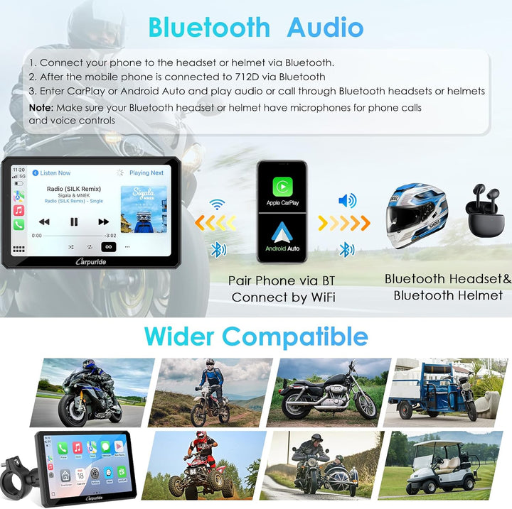 Carpuride W712D Motorrad Carplay Bildschirm mit 1080P Doppelkameras, Kabellos CarPlay und Android Au