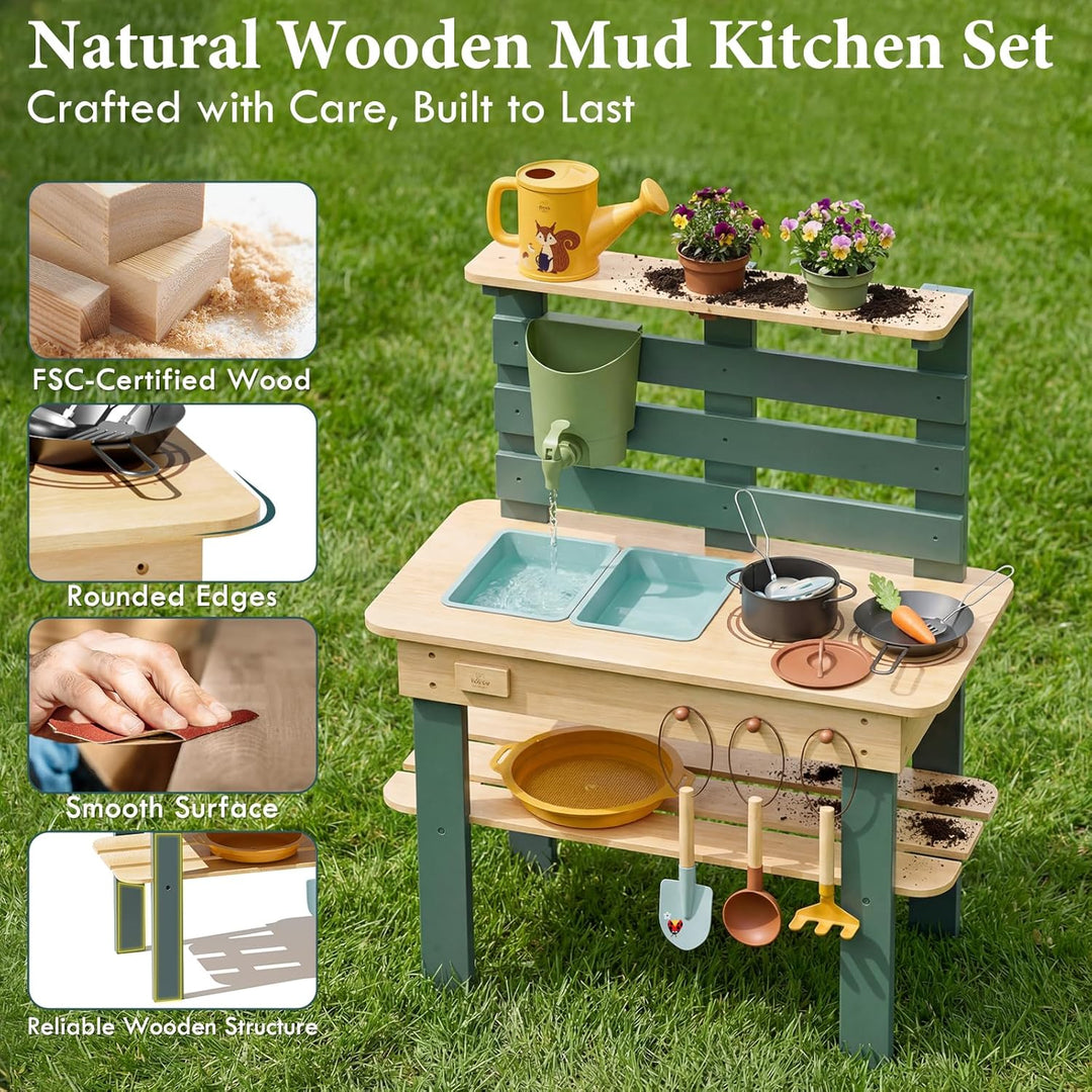 Lehoo Castle Holz Outdoor Matschküche für Kinder, Spielküche mit Echtem Waschbecken Küchenzubehör, G