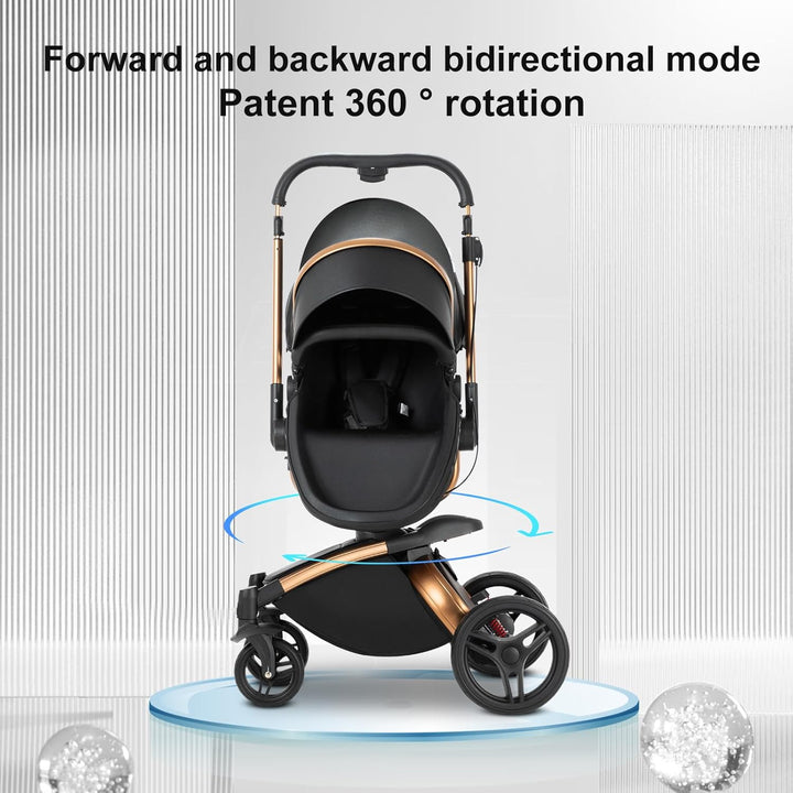 Prokoke PU-Leder Kinderwagen 3 in 1, Buggy mit Verstellbarem Sitz mit 360°-Drehung, Kinderwagen mit