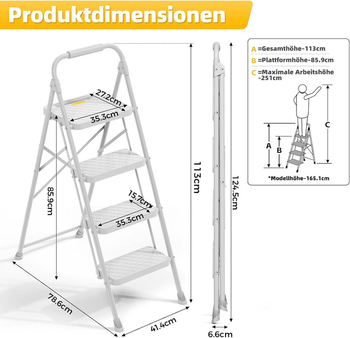 KINGRACK Trittleiter 4 Stufen Klappbar, Leiter mit Sicherheitsschloss | Haushaltsleiter Klapptritt m