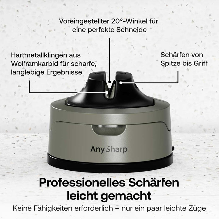 AnySharp Evo Messerschärfer, Freihändige Sicherheit, PowerGrip Saugnapf, Sicheres Schärfen aller Küc