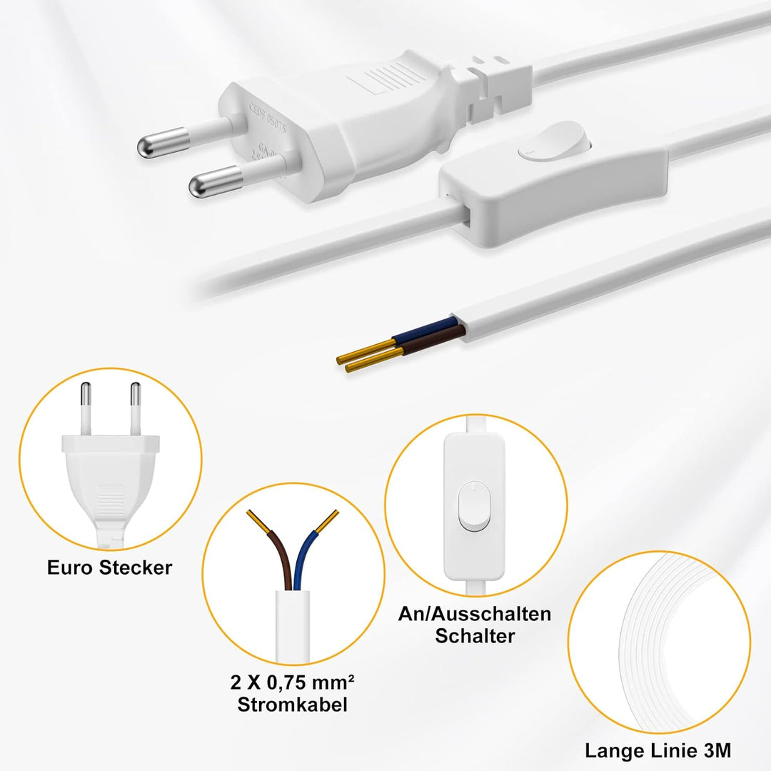Euro Netzkabel mit Schalter [2 Stück], 5 Meter Euro Stecker Stromkabel, 2 X Ersatzkabel Anschlusskab