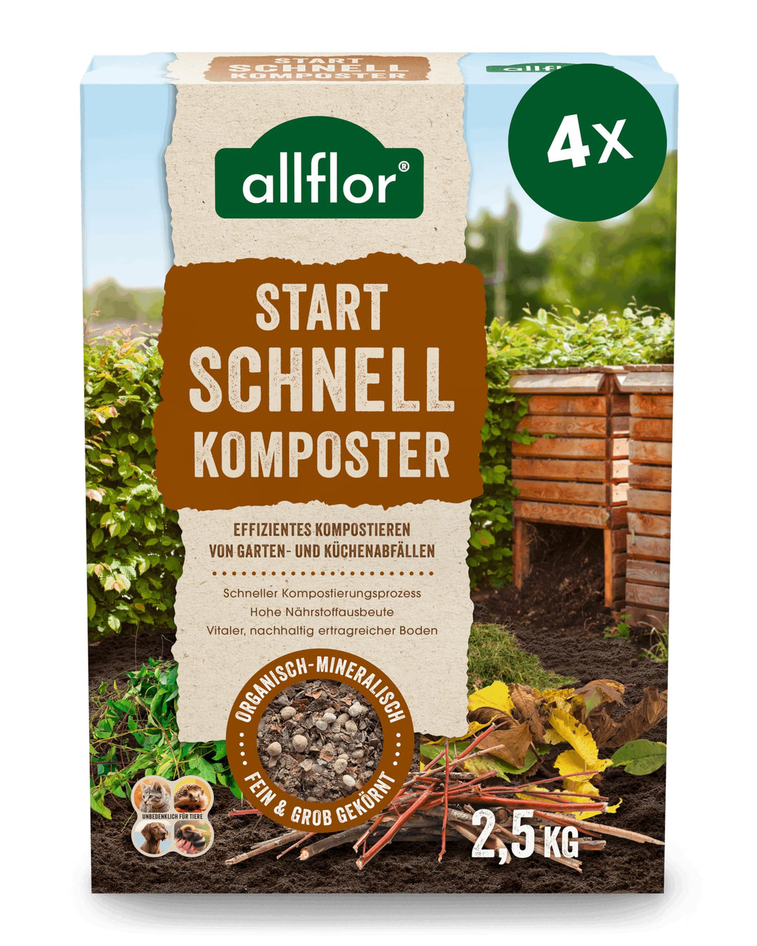 Allflor Schnellkomposter 4 x 2,5 Kg in der Faltschachtel I Mit hochwertigen Naturstoffen I Kurzer Ro