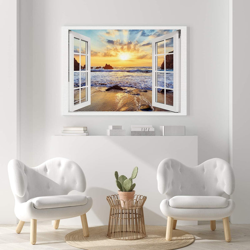 PICANOVA – Bild auf Leinwand Felsiger Strand Sonnenuntergang Fenster 100x75cm – Leinwandbild – Premi