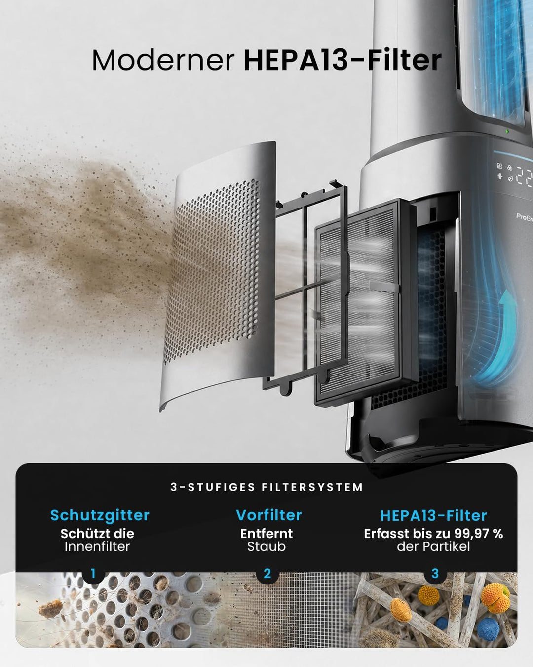 Pro Breeze OmniAir 105cm rotorloser Ventilator mit Luftreiniger - Ventilator oszillierend 75° - Fern
