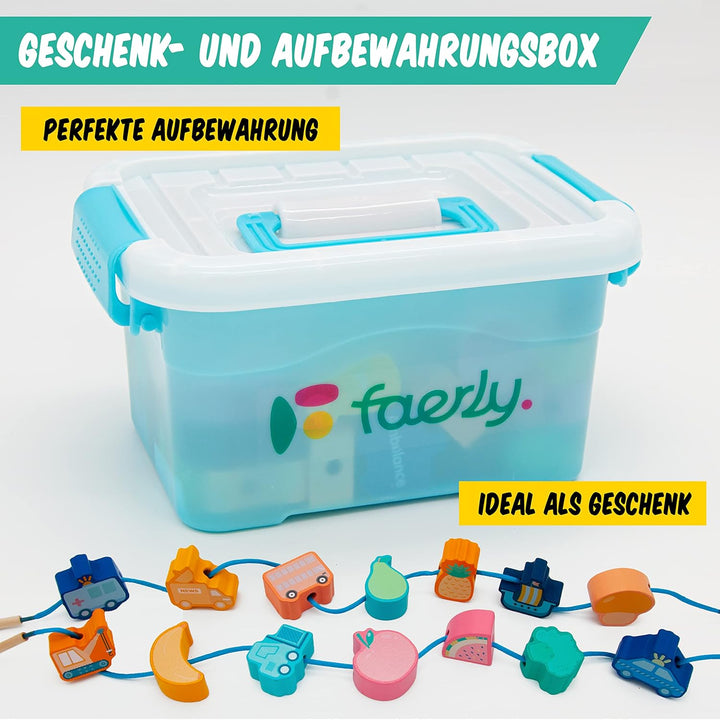 Faerly® Fädelspiel 60 Teile + Box - Montessori Spielzeug ab 2 3 4 5 6 Jahre für Kinder Pädagogisches