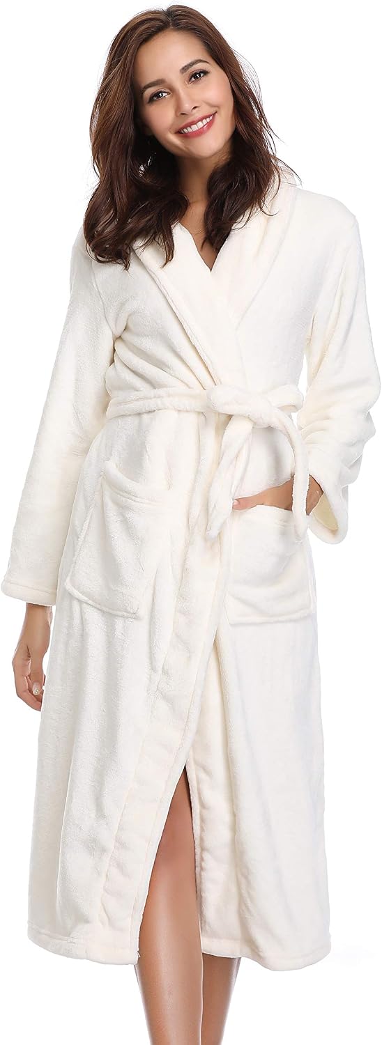 Vlazom Winter Bademantel weicher Flanell Bademantel Damen Saunamantel mit Kapuze Flauschiger Morgenm