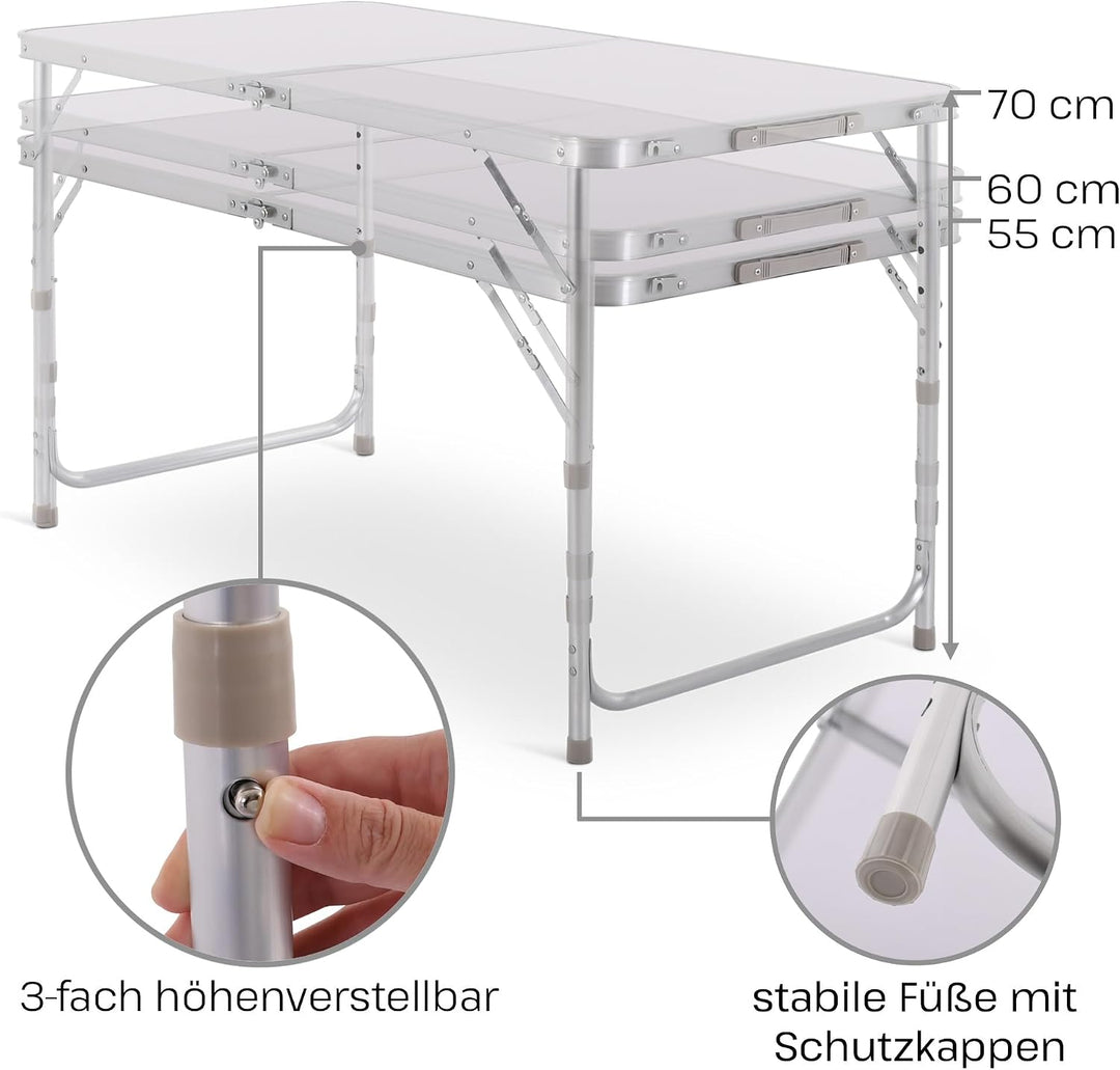 Raburg Campingtisch klappbar, Klapptisch 3-Fach höhenverstellbar, Falttisch 120 x 60 cm, Koffertisch