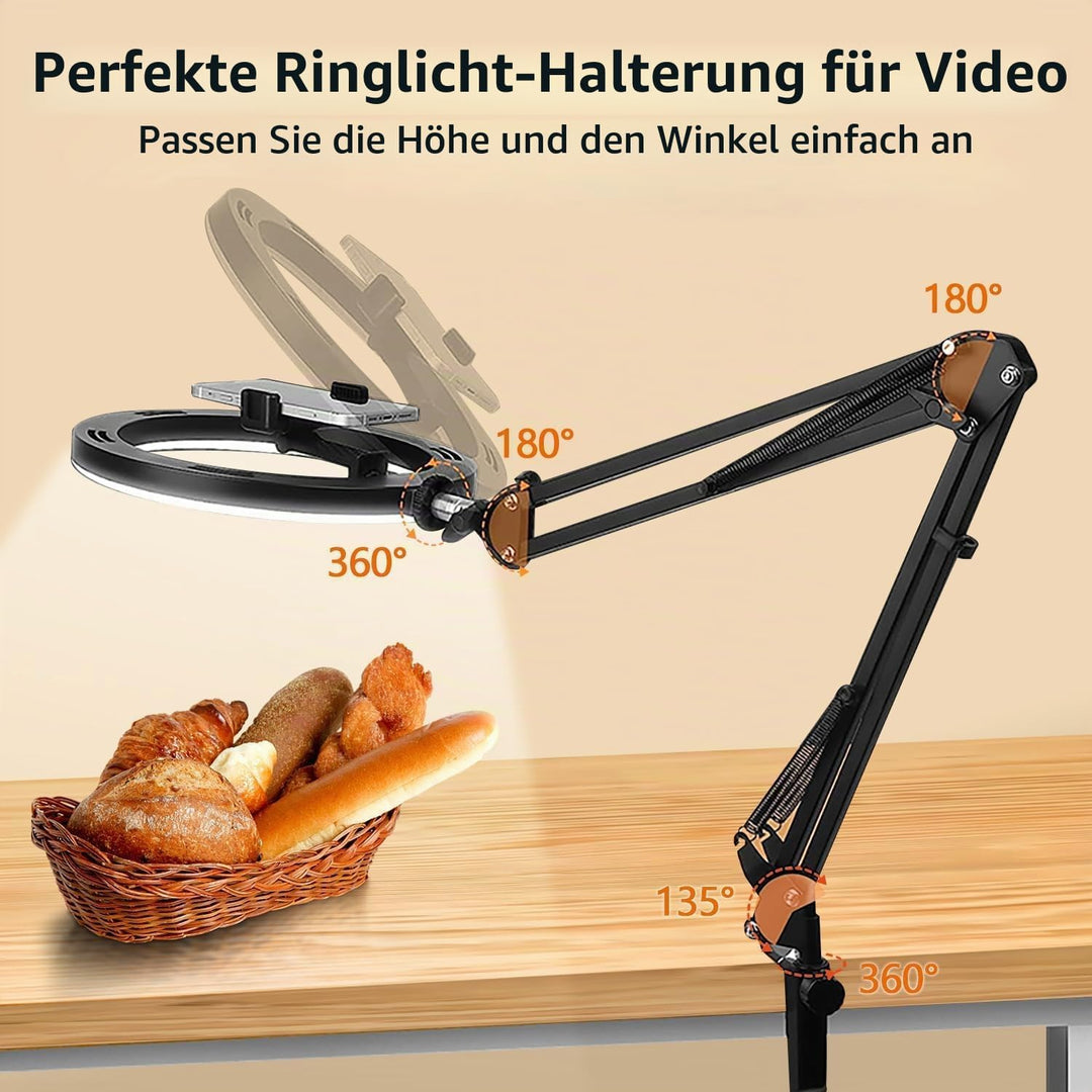 yAyusi Overhead Ringlicht mit Stativ, 360° Drehung Flexibles Tisch Handy Stativ, Overhead Kamera Tis