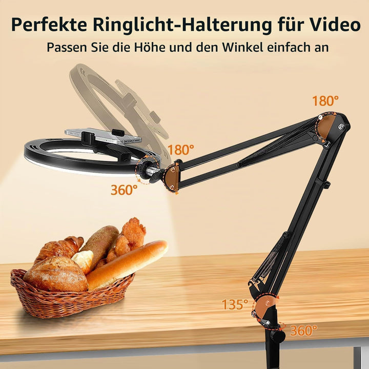 yAyusi Overhead Ringlicht mit Stativ, 360° Drehung Flexibles Tisch Handy Stativ, Overhead Kamera Tis